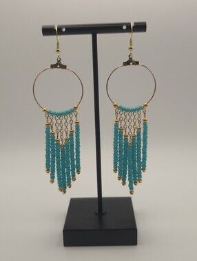 Hand Crafted Gold Hoop Turquoise Beaded Fringe Earrings